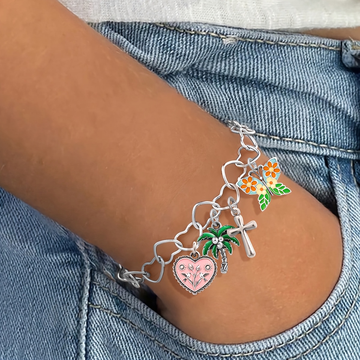 DIY Vintage Hollow Heart-Shaped Bracelet, 925 Silver Plated
